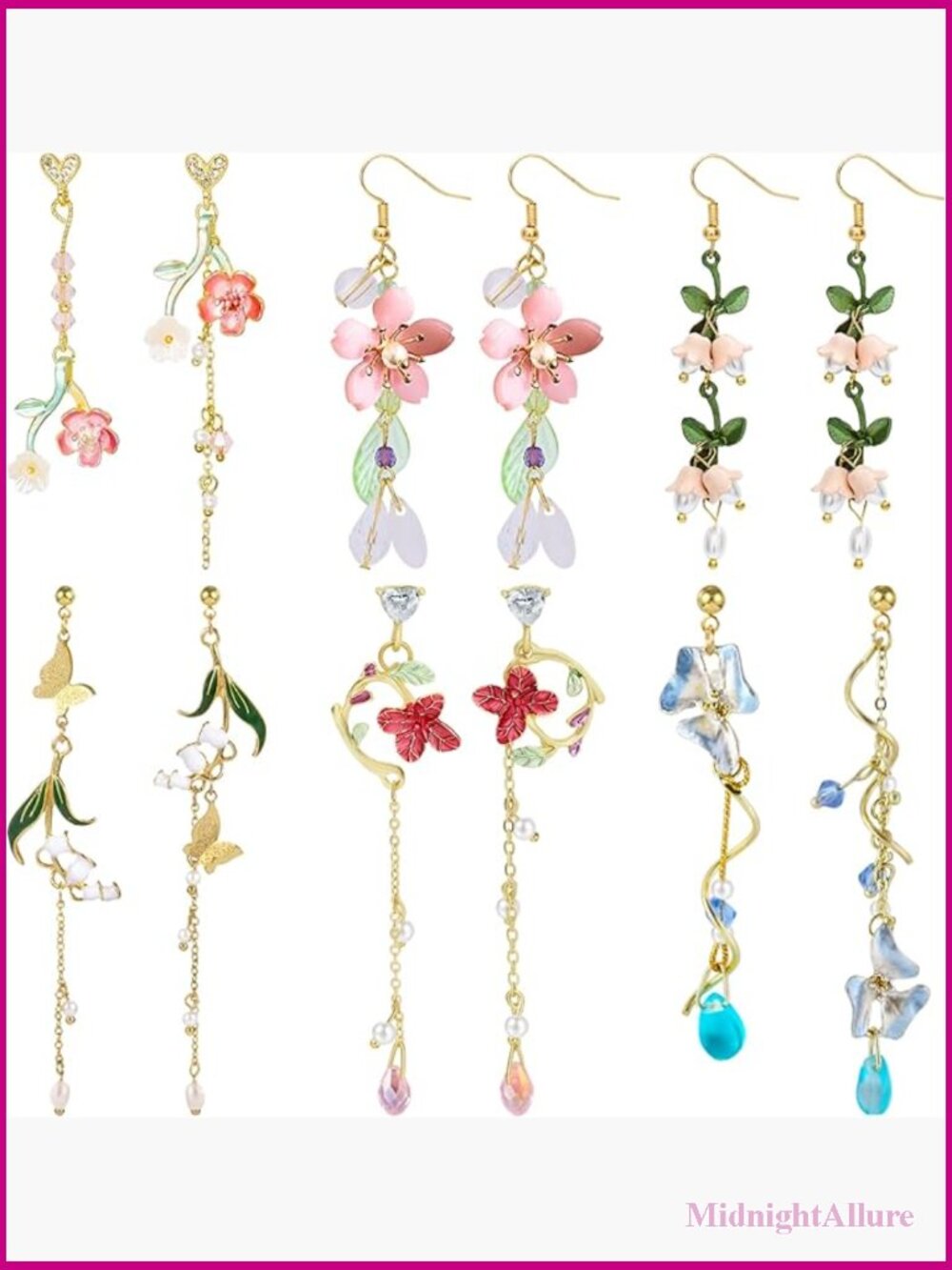 6 Pairs Hypoallergenic Flower Dangle Earrings Stainless Steel Statement Earrings